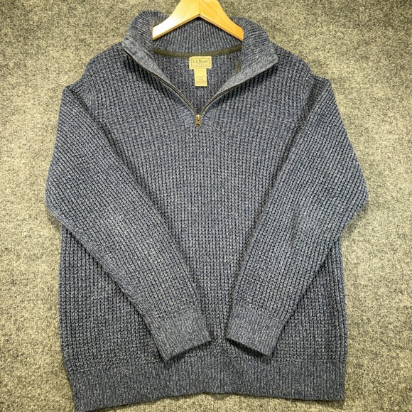 L.L. Bean Other - L.L. Bean Waffle Knit 1/4 Zip Sweater Men Medium Blue Marled Chunky Cotton Blend